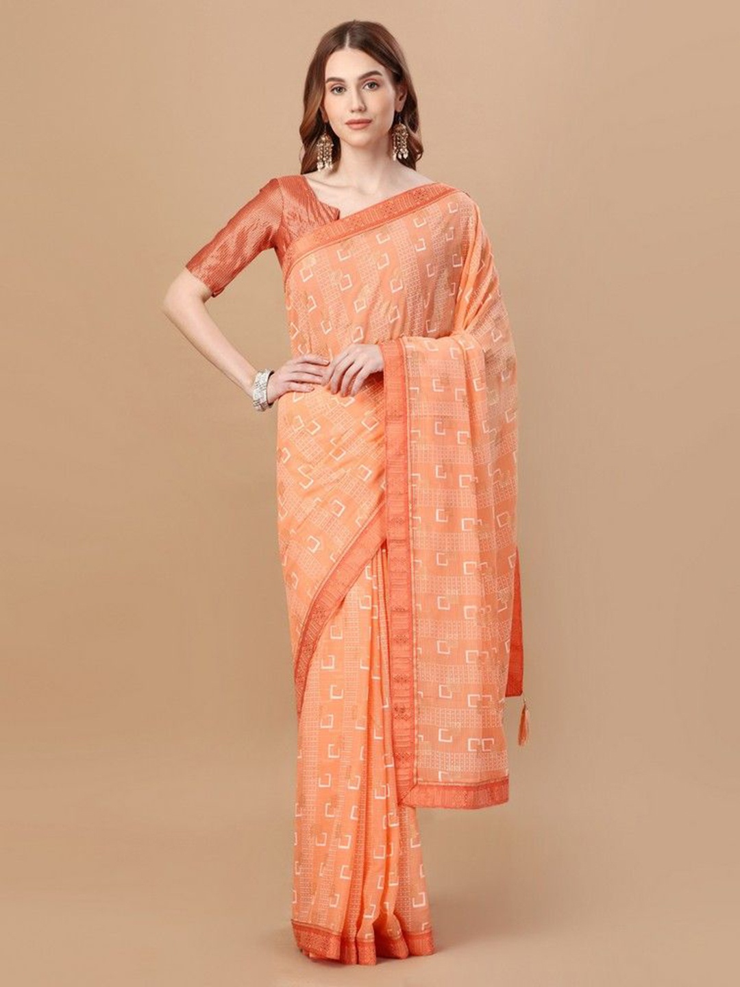 

HERE&NOW Printed Zari Saree, Orange