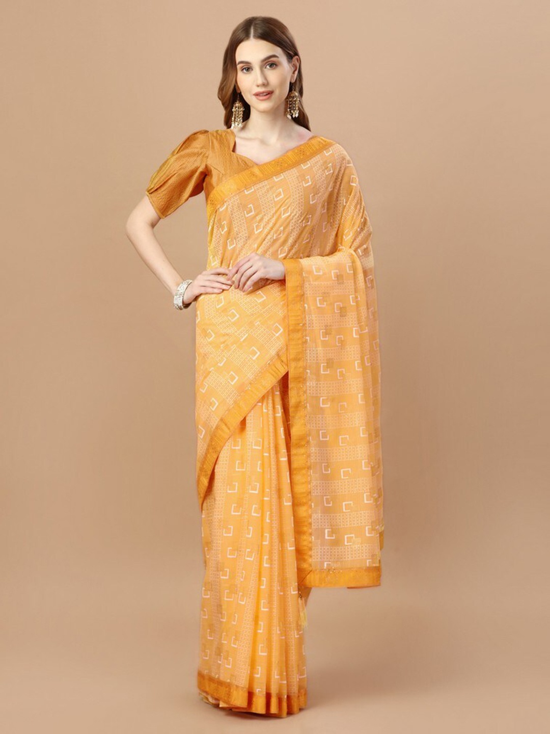 

HERE&NOW Geometric Printed Zari Saree, Yellow