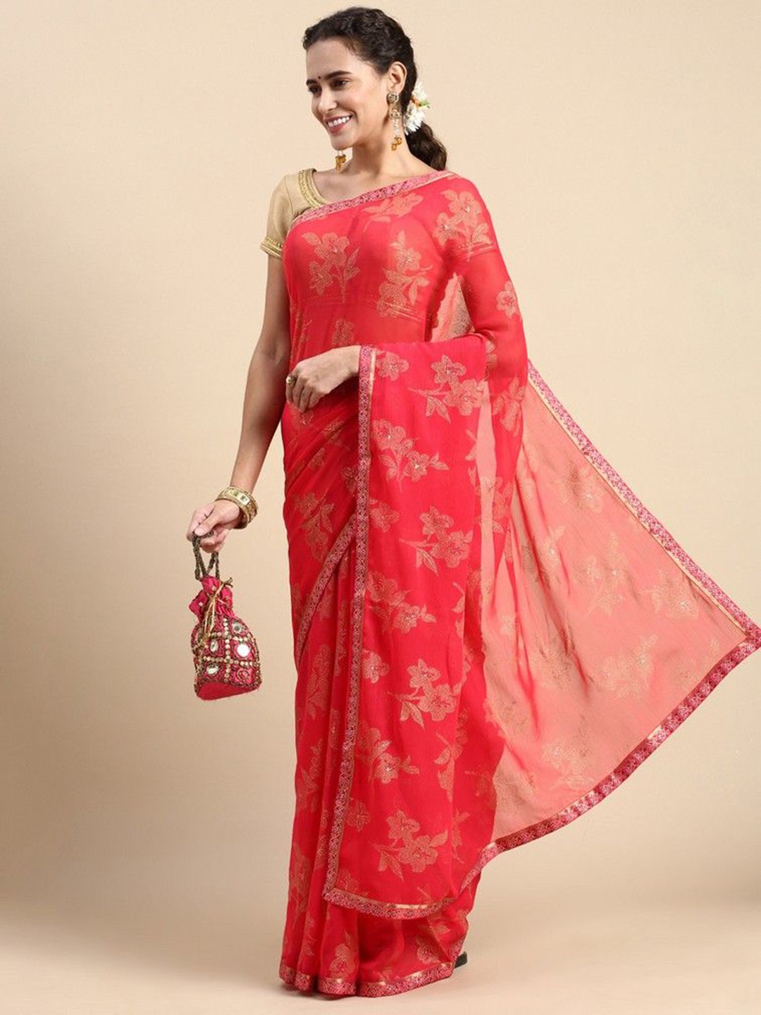 

HERE&NOW Floral Printed Zari Saree, Pink