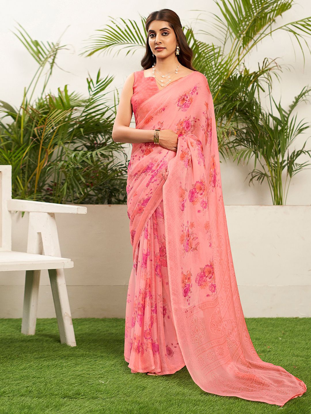 

KALINI Floral Pure Chiffon Saree, Pink