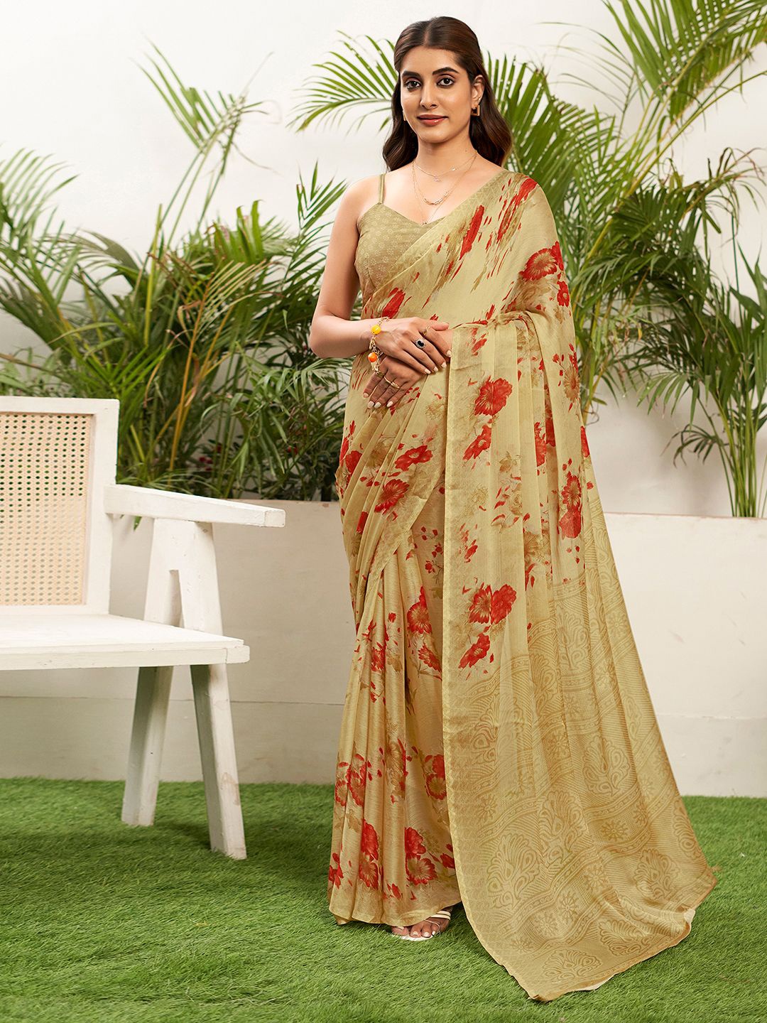 

KALINI Floral Pure Chiffon Saree, Khaki