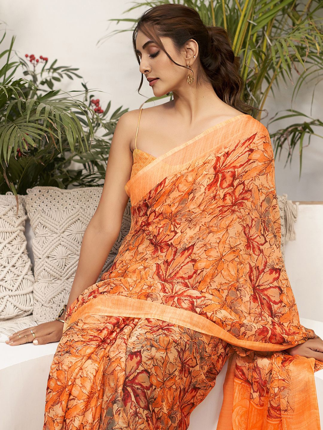 

KALINI Floral Pure Chiffon Saree, Orange