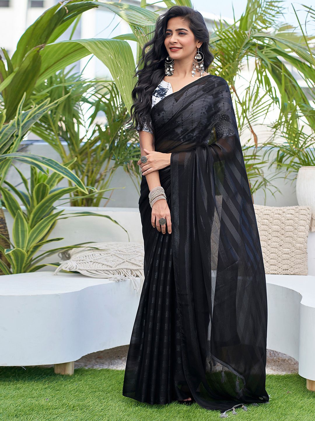 

KALINI Striped Zari Pure Chiffon Saree, Black