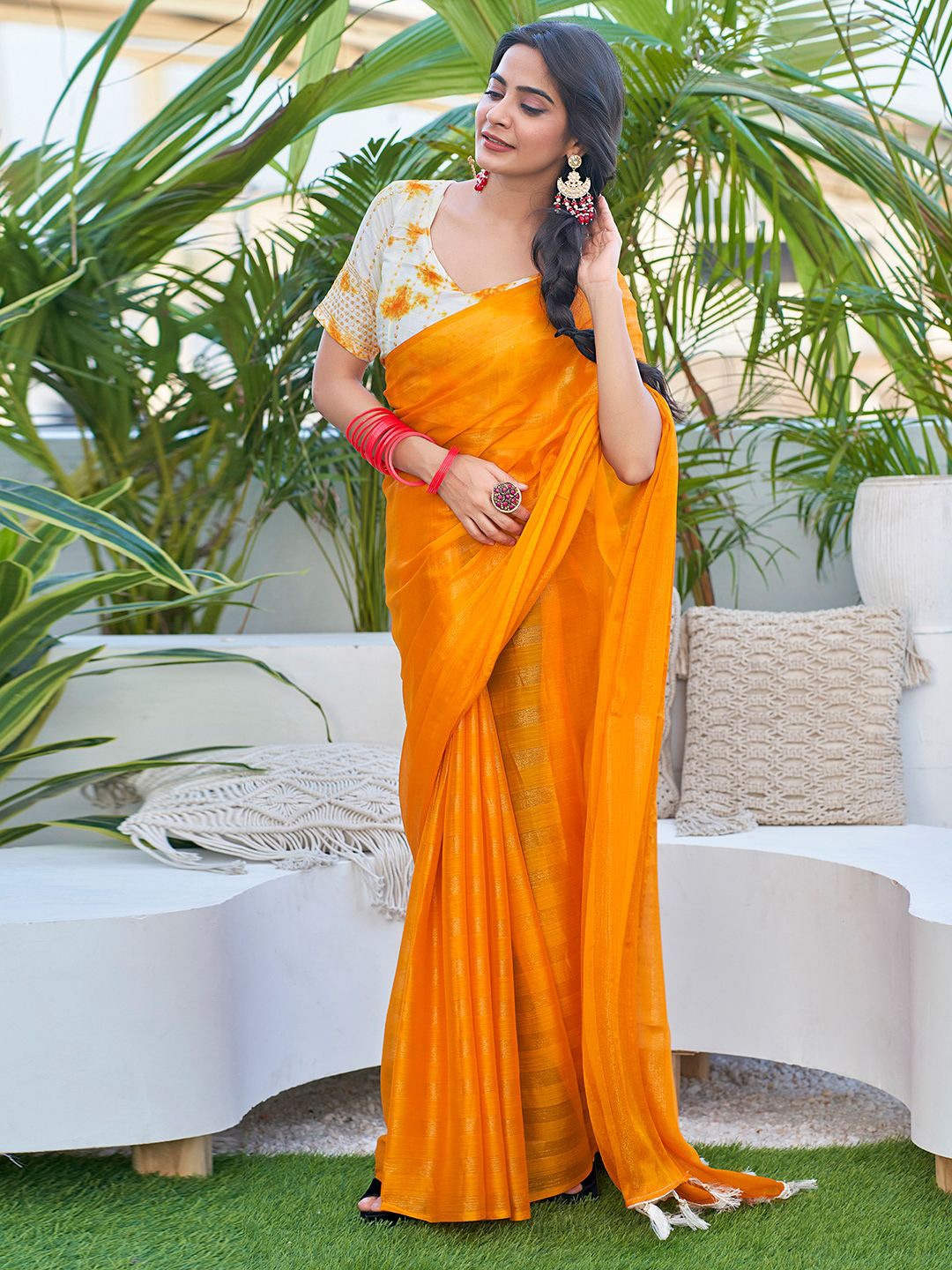 

KALINI Striped Zari Pure Chiffon Saree, Yellow