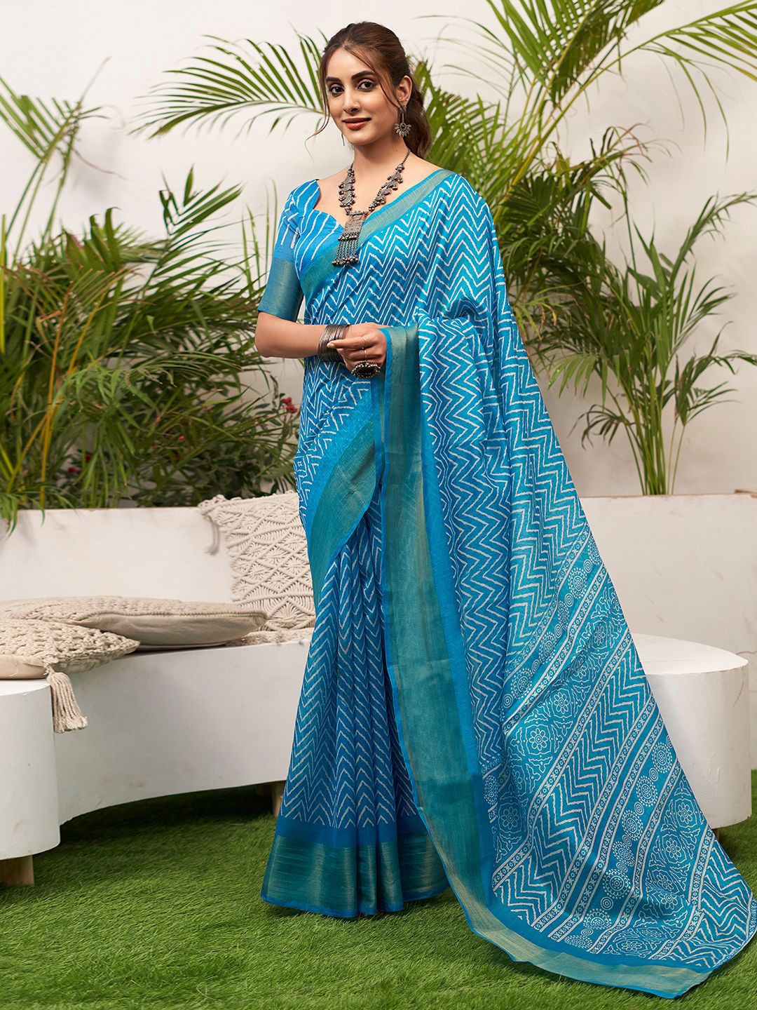 

KALINI Printed Zari Saree, Blue