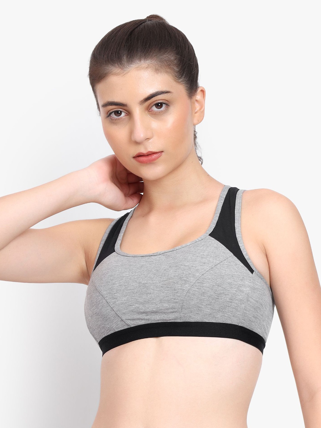 

PARKHA Colourblocked Full Coverage Heavily Padded Workout Bra- Moisture Wicking, Grey