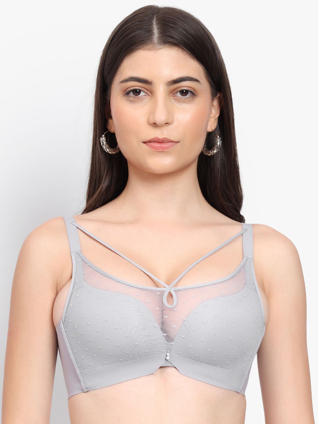 

PARKHA Polka Dot Lace Full Coverage Heavily Padded Push-Up Bra- Side Bone, Grey