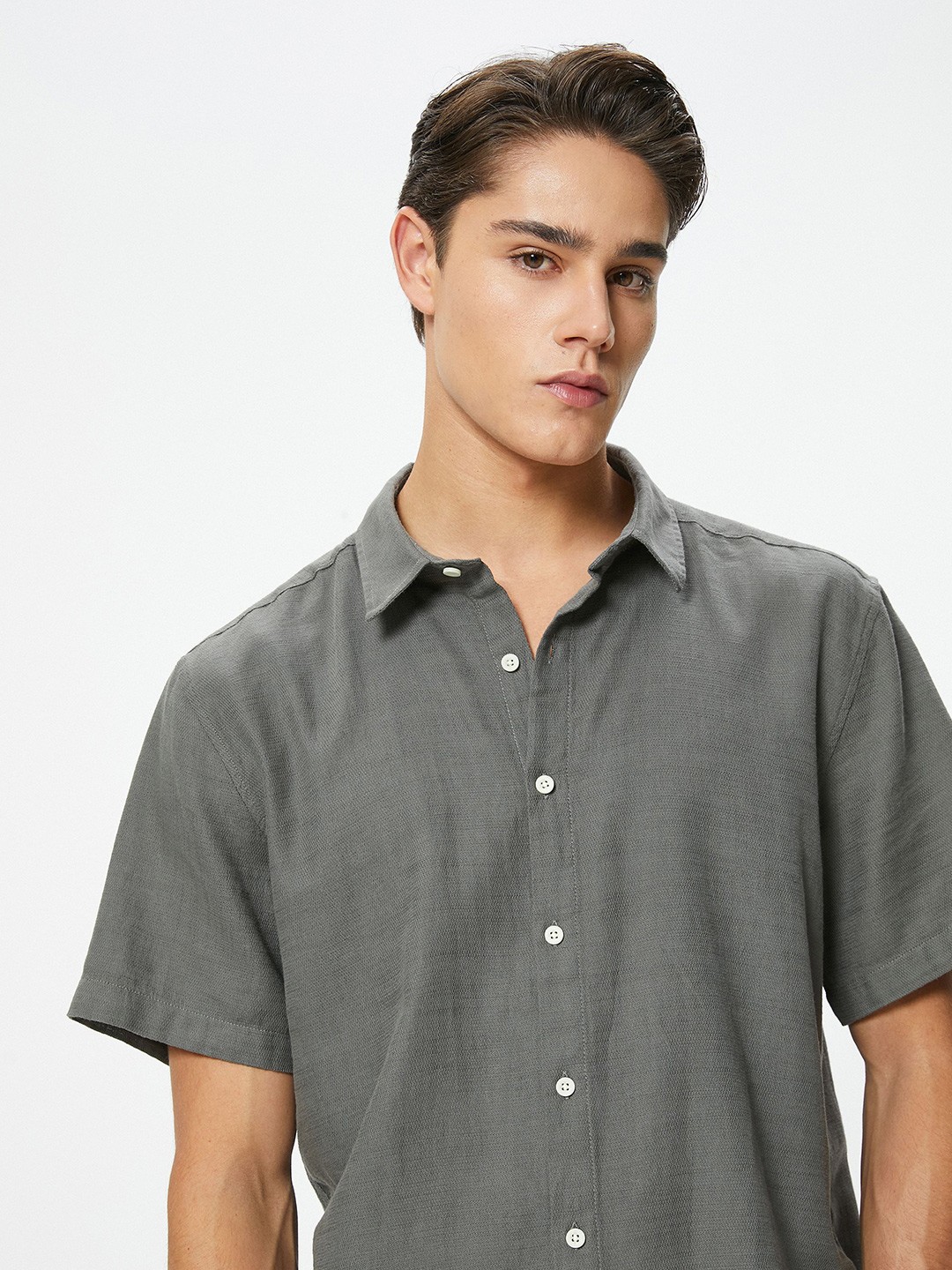 

Koton Men Spread Collar Solid Pure Cotton Casual Shirt, Grey