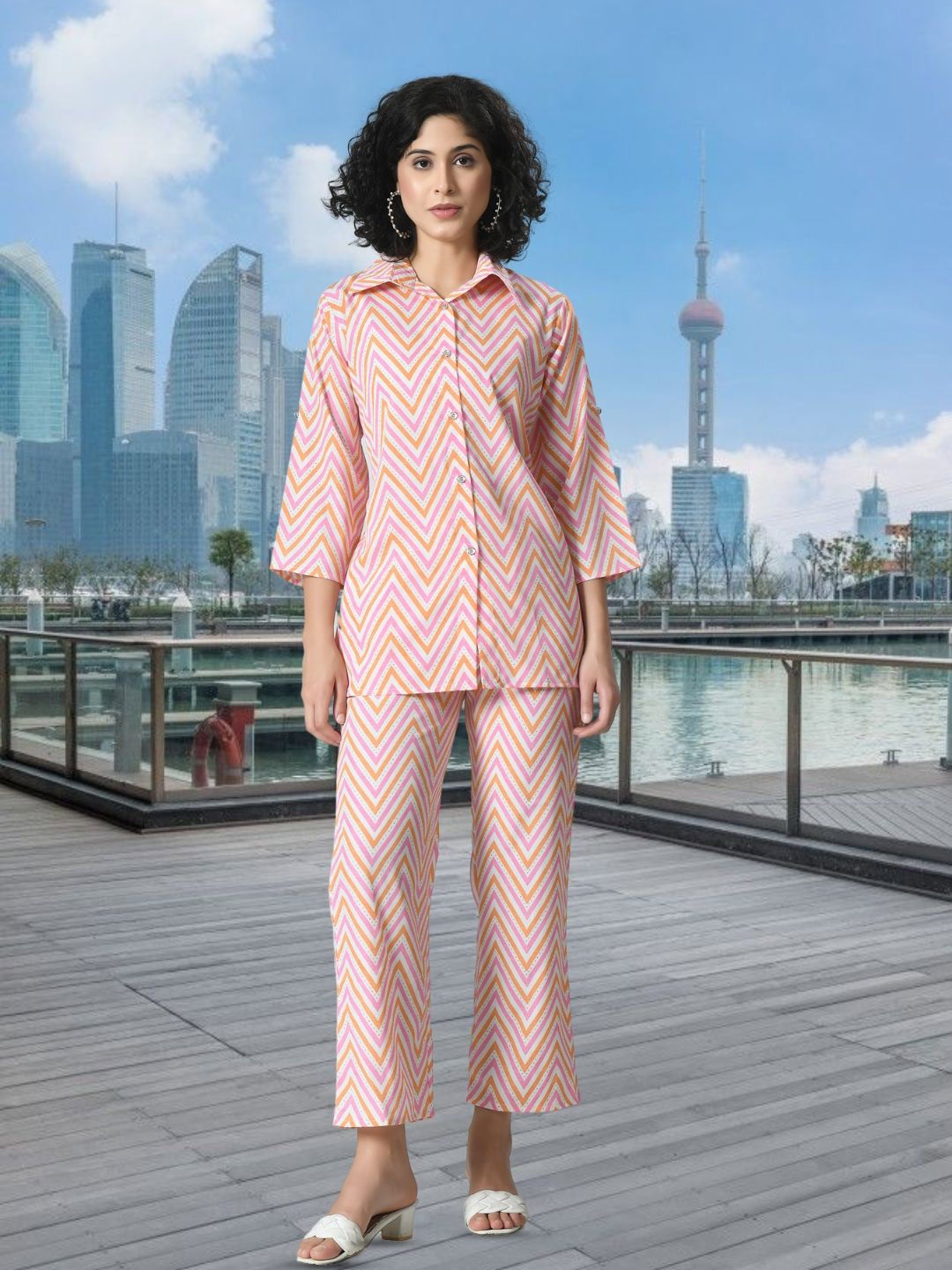 

BAESD Chevron Printed Drop-shoulder Sleeves Shirt With Trousers, Pink