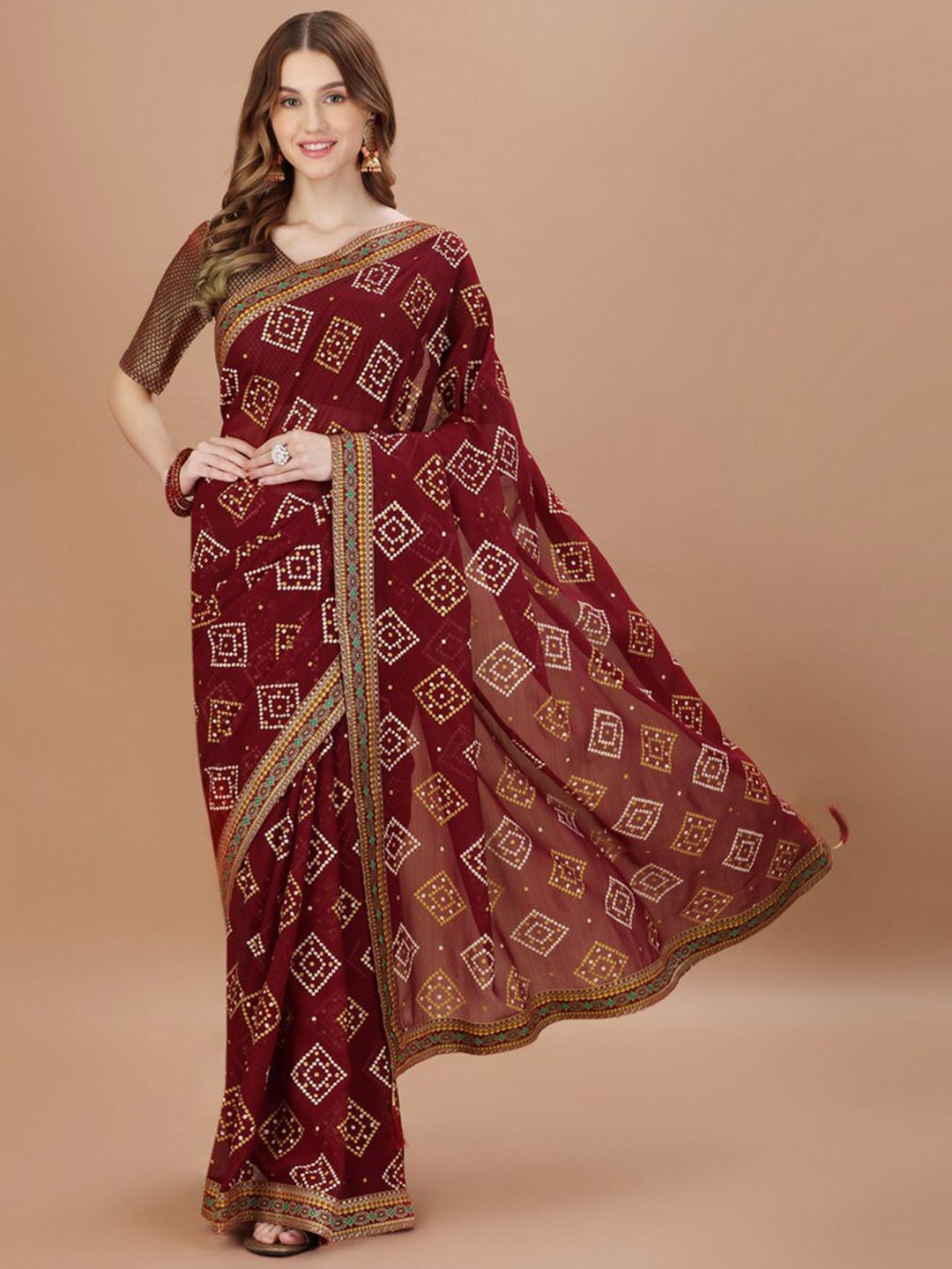 

HERE&NOW Floral Embroidered Saree, Brown