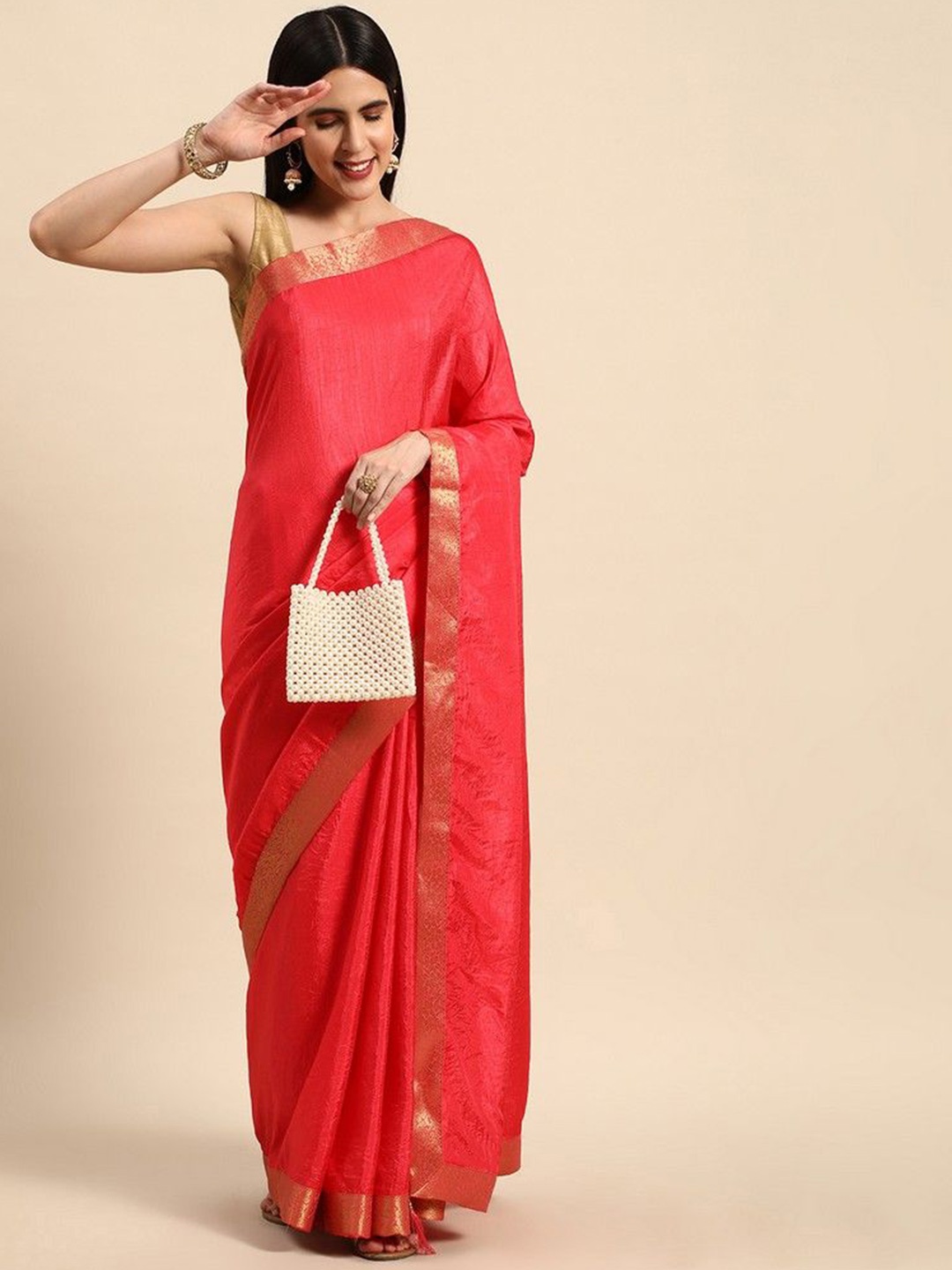 

HERE&NOW Solid Zari Saree With Blouse Piece, Pink