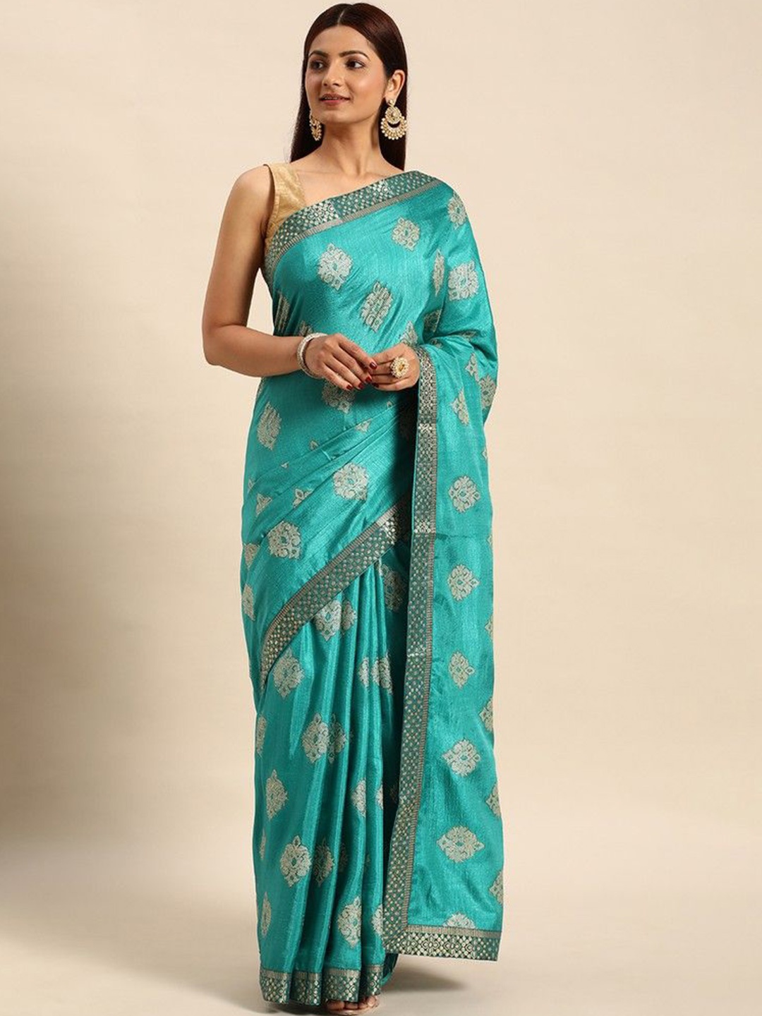 HERE&NOW Ethnic Motifs Zari Saree, Fluorescent green