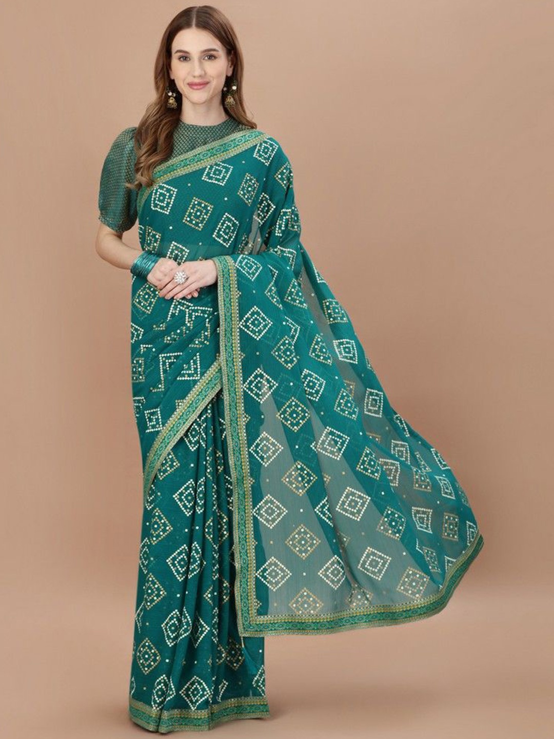 

HERE&NOW Bandhani Embroidered Saree, Teal