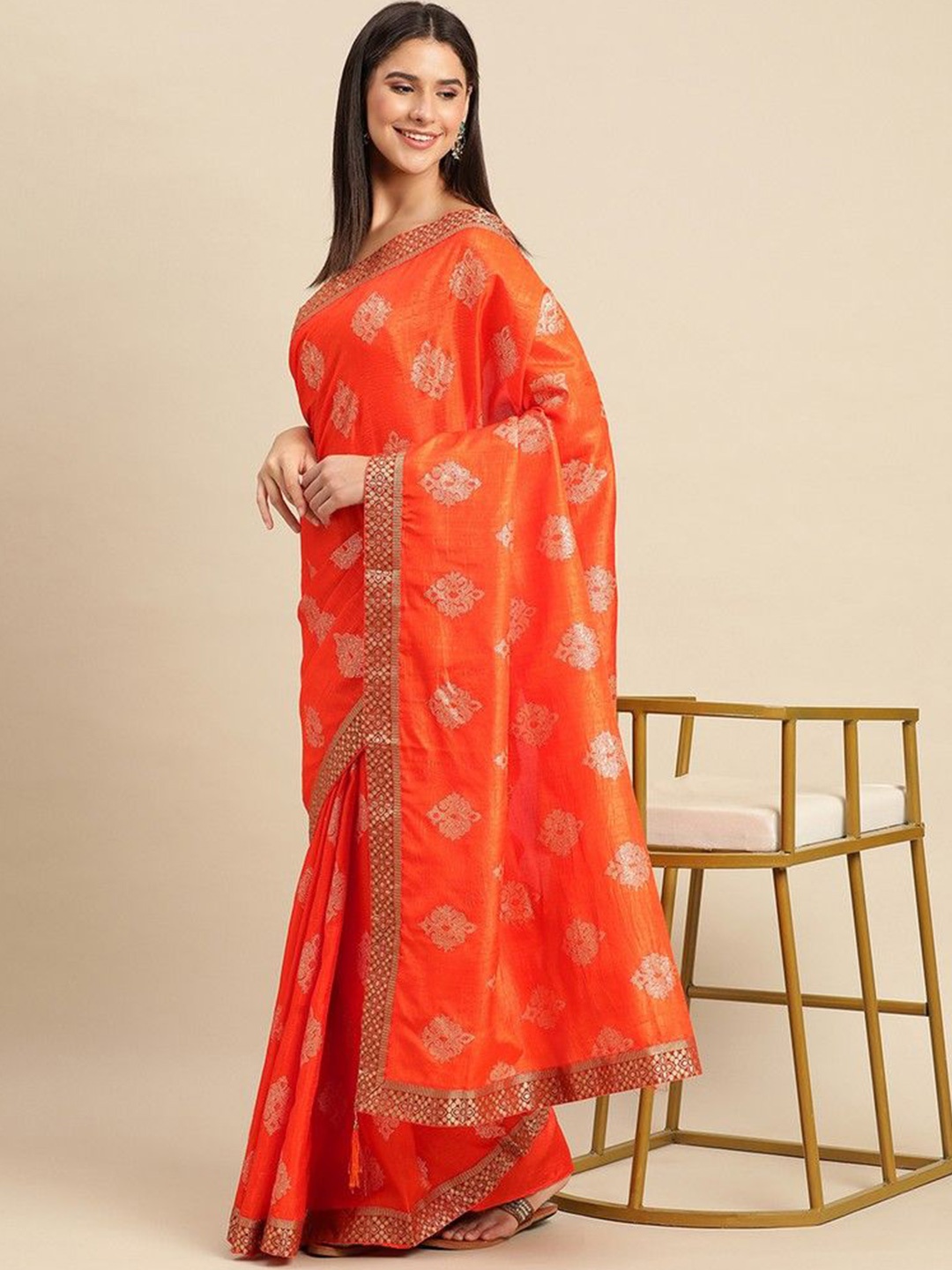 

HERE&NOW Ethnic Motifs Zari Saree, Orange