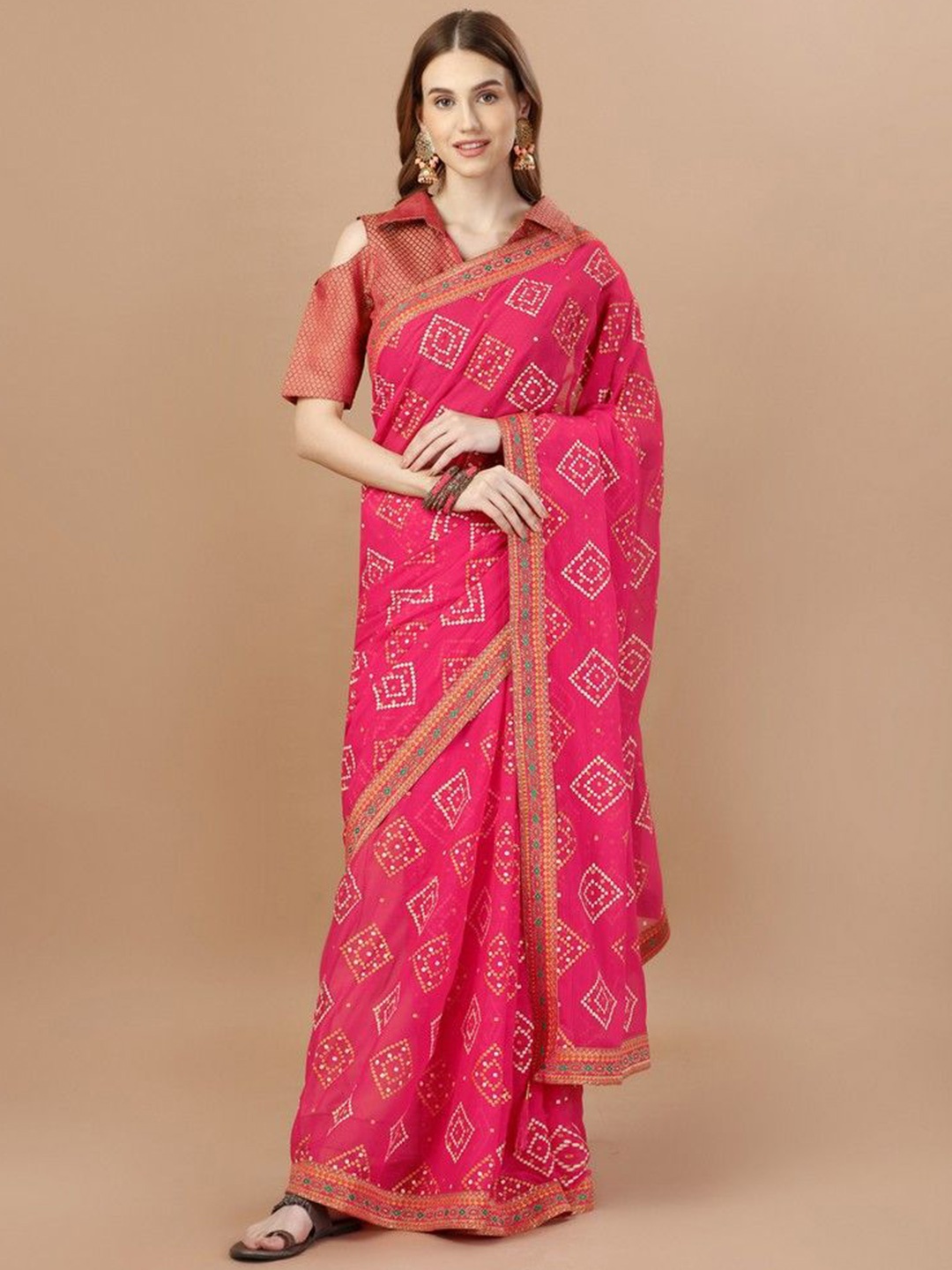 

HERE&NOW Bandhani Zari Printed Saree, Magenta