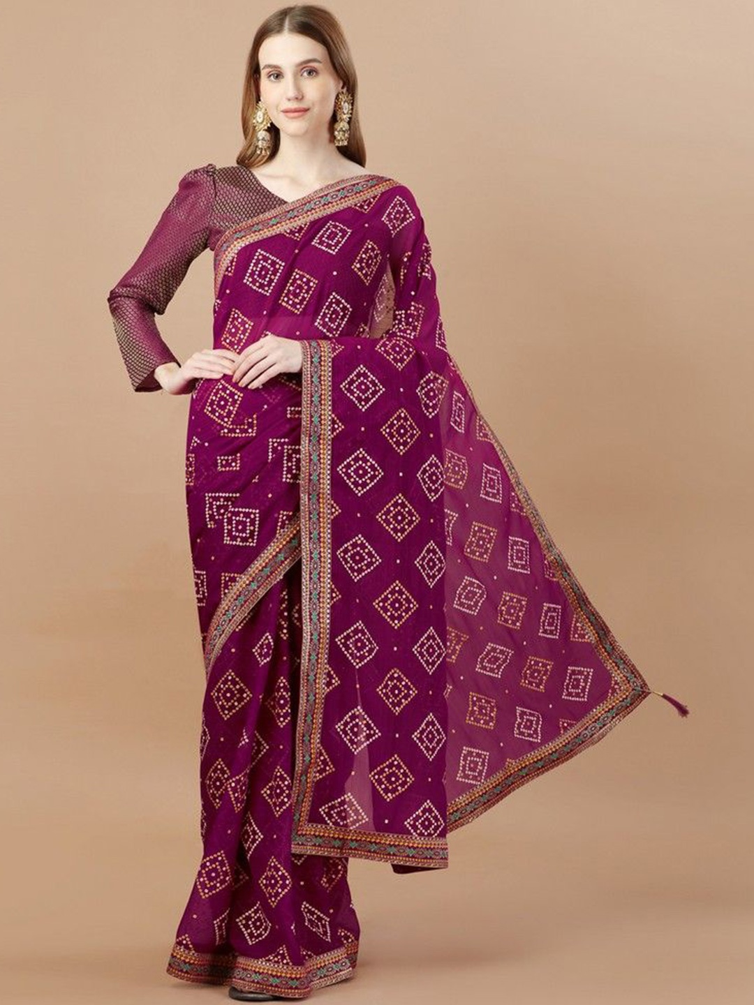 

HERE&NOW Bandhani Zari Saree, Purple
