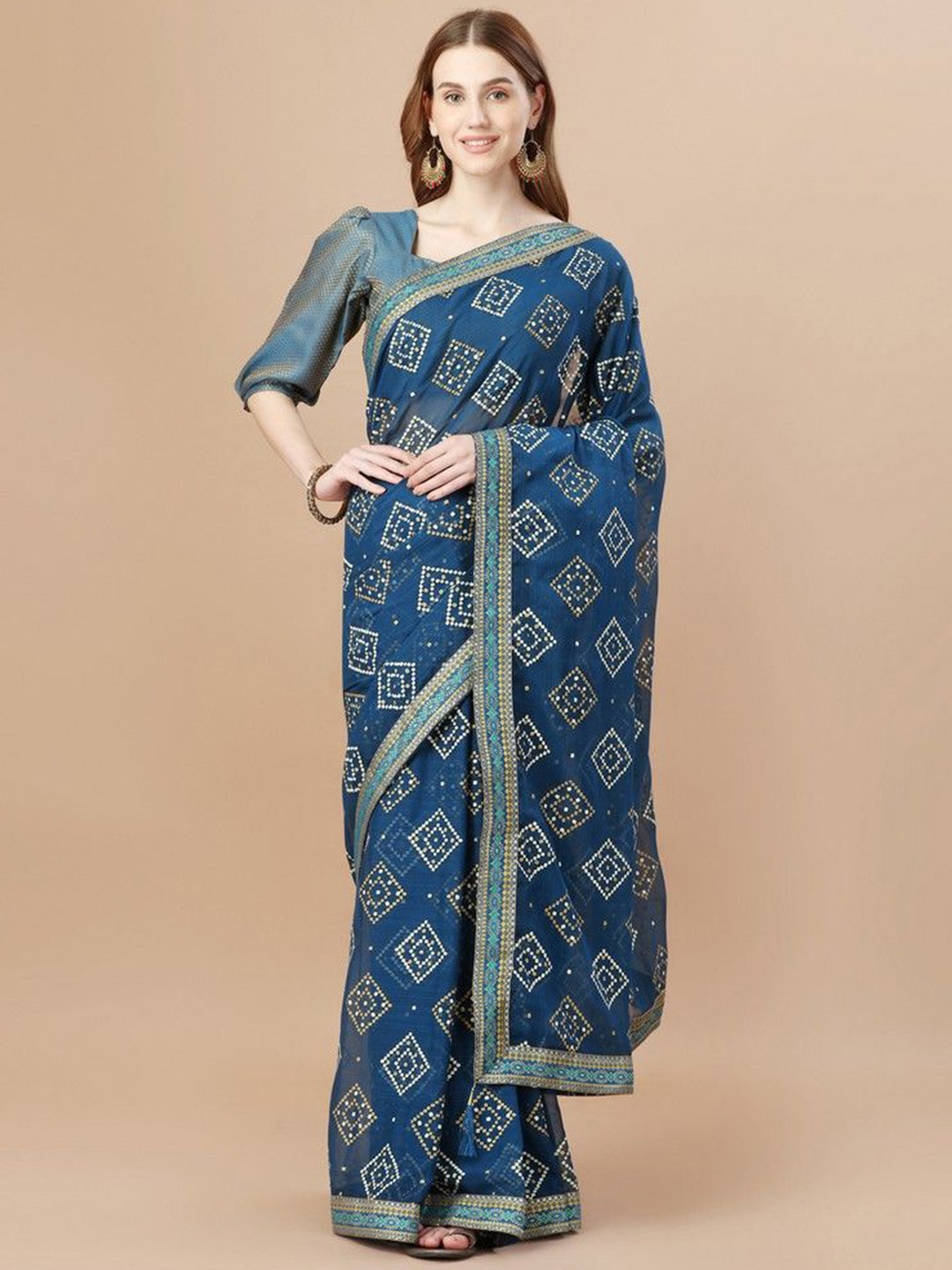 

HERE&NOW Bandhani Embroidered Saree, Teal