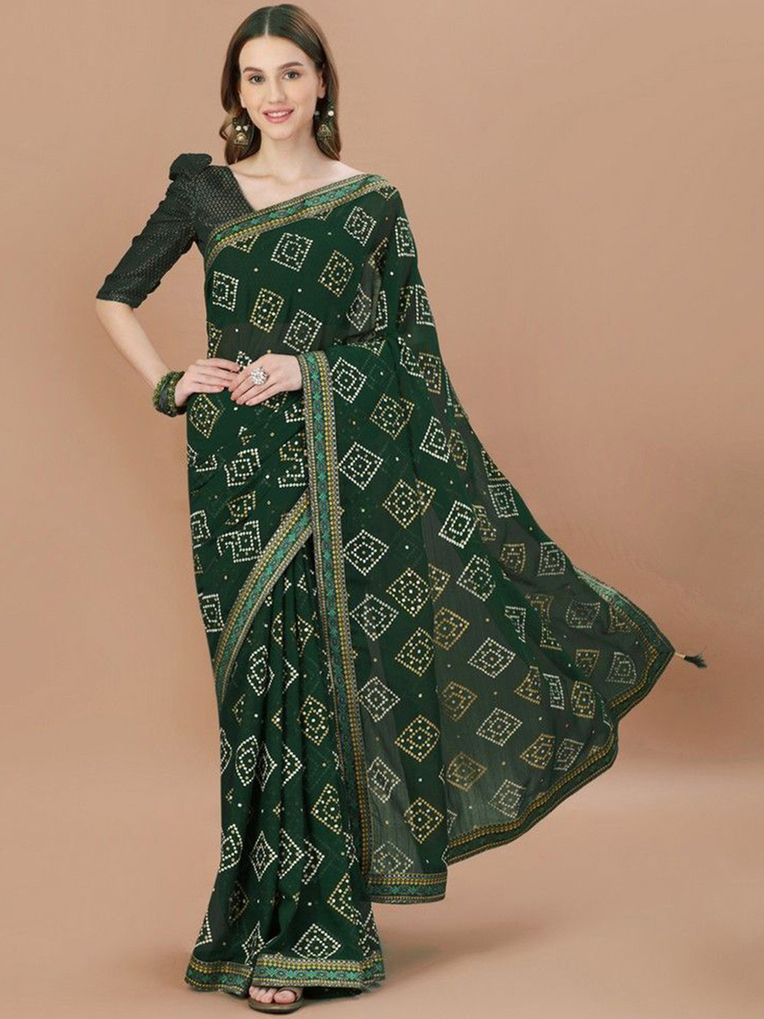 

HERE&NOW Bandhani Saree, Green