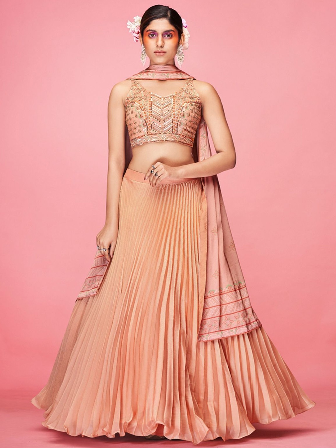 

ODETTE Embellished Beads and Stones Ready to Wear Lehenga & Blouse With Dupatta, Orange