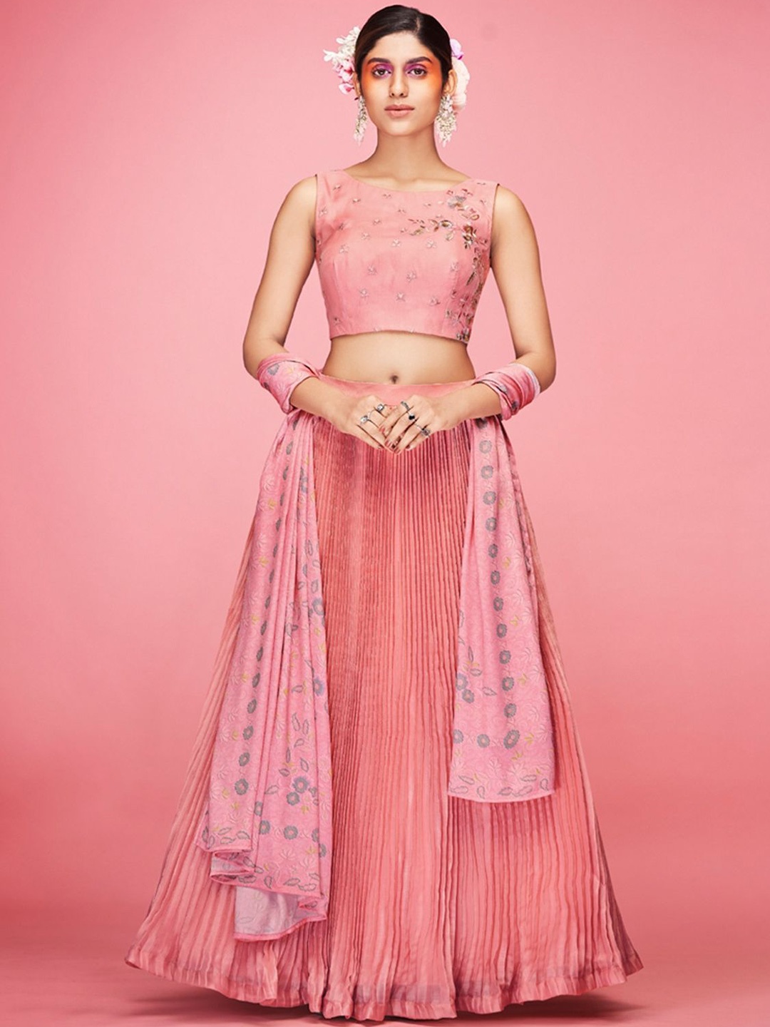 

ODETTE Embellished Sequinned Semi-Stitched Lehenga & Blouse With Dupatta, Peach