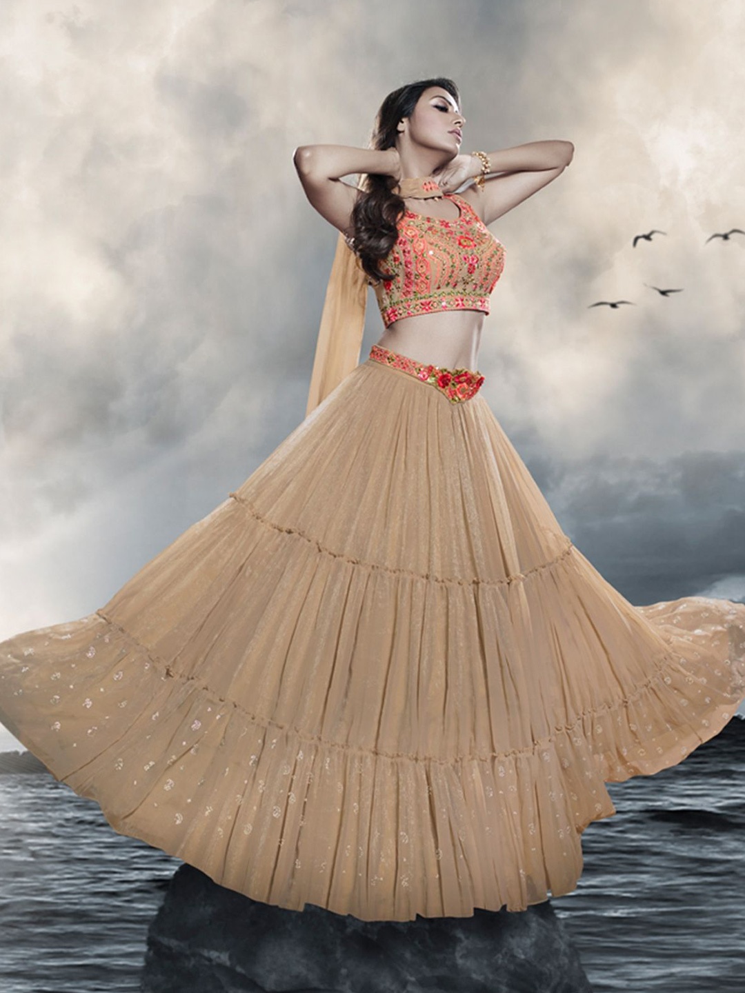

ODETTE Embellished Thread Work Made to Measure Lehenga & Blouse With Dupatta, Beige