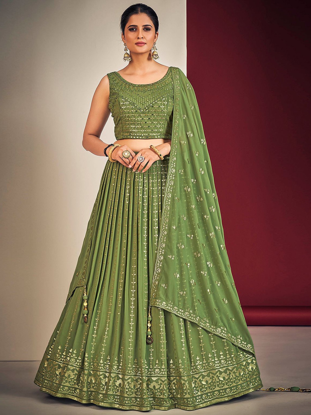 ODETTE Embellished Sequinned Ready to Wear Lehenga & Blouse With Dupatta, Green