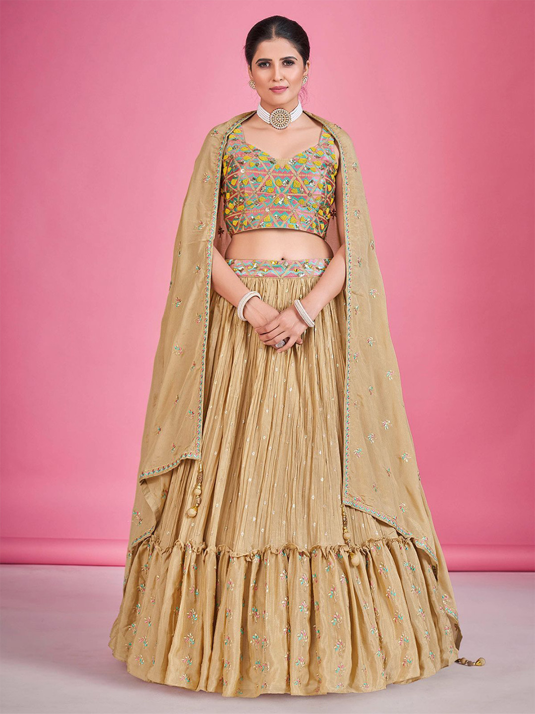 

ODETTE Embellished Ready to Wear Lehenga & Blouse With Dupatta, Tan