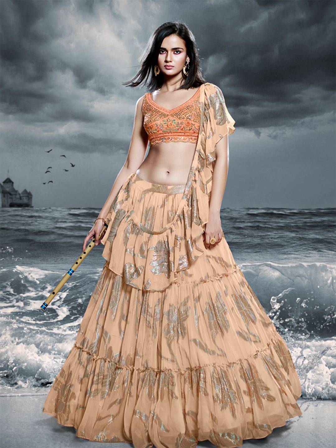 

ODETTE Embroidered Made to Measure Lehenga & Blouse With Dupatta, Beige