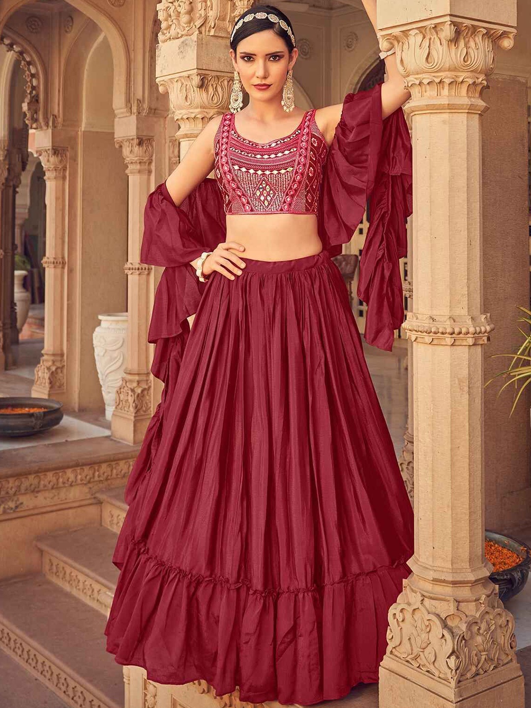 

ODETTE Embellished Mirror Work Semi Stitched Lehenga With Unstitched Blouse & Dupatta, Maroon