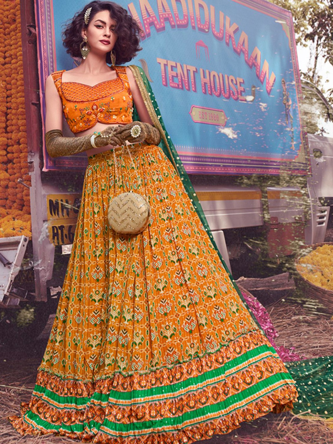 

ODETTE Embellished Thread Work Ready to Wear Lehenga & Blouse With Dupatta, Mustard