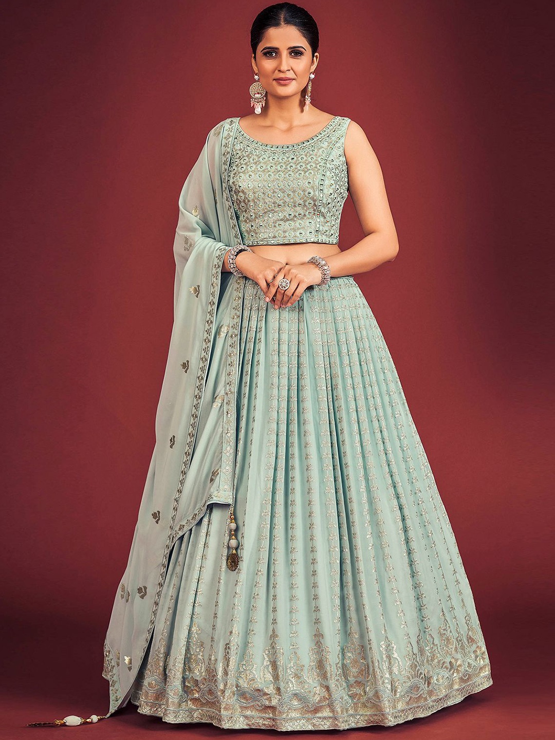 

ODETTE Embroidered Thread Work Ready to Wear Lehenga & Blouse With Dupatta, Blue