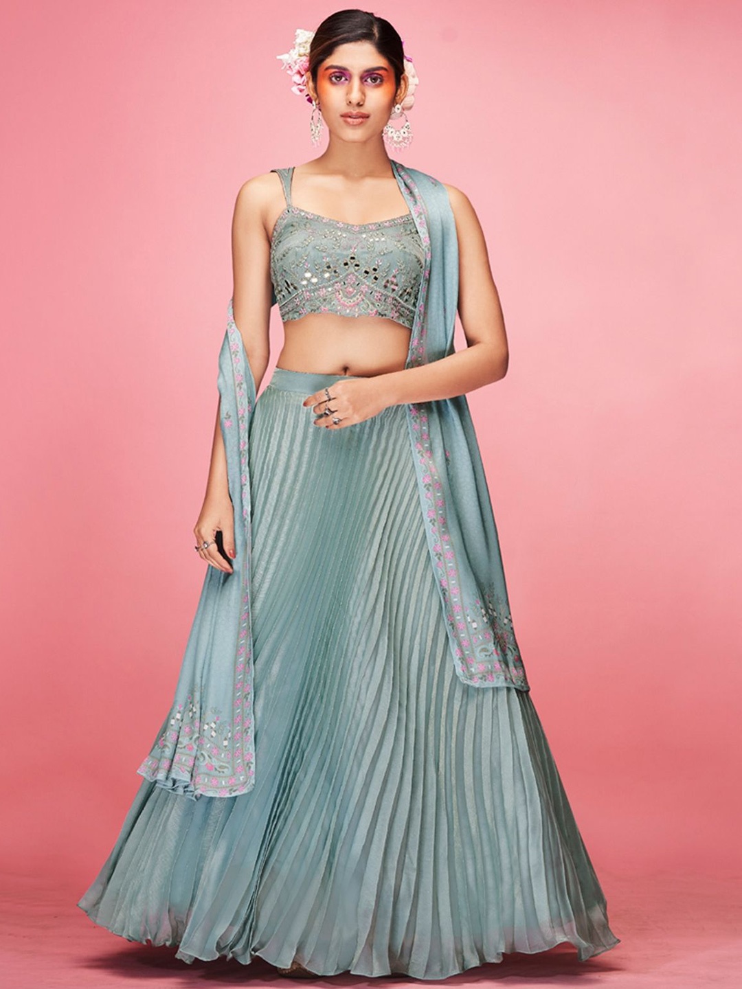 

ODETTE Embellished Mirror Work Semi Stitched Lehenga & Unstitched Blouse With Dupatta, Blue