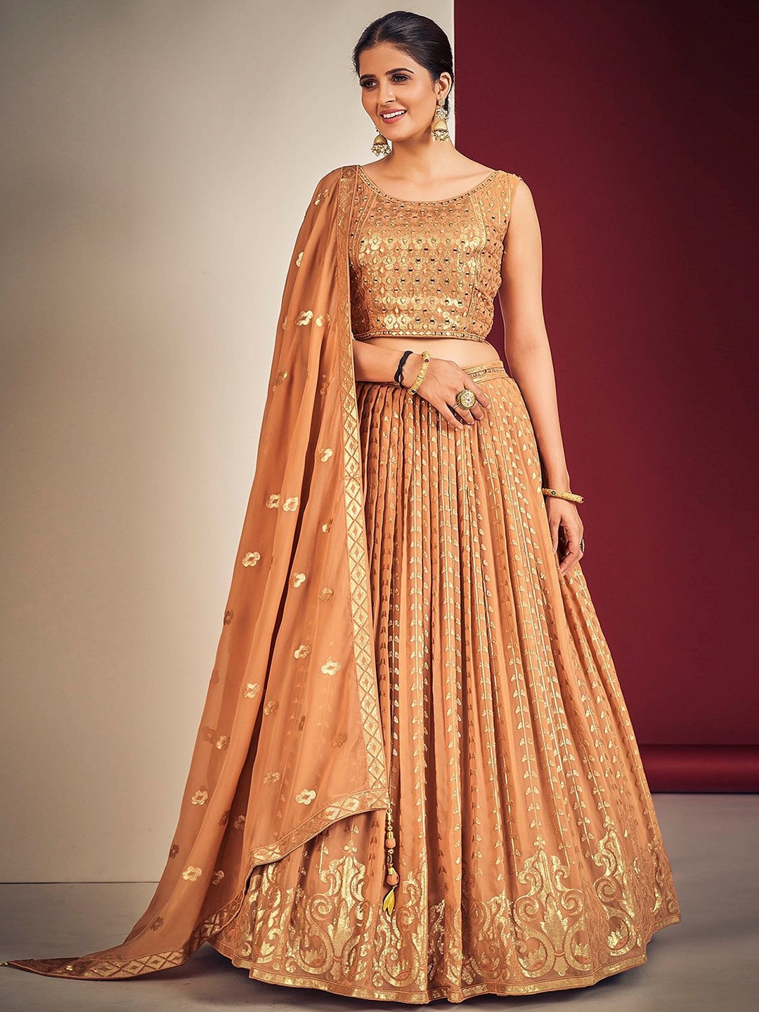 

ODETTE Embellished Sequinned Ready to Wear Lehenga & Blouse With Dupatta, Peach