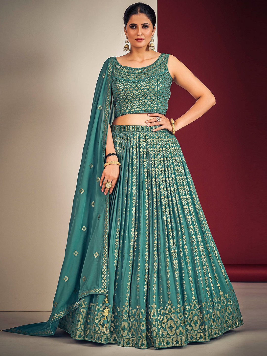 

ODETTE Embellished Mirror Work Ready to Wear Lehenga & Blouse With Dupatta, Blue
