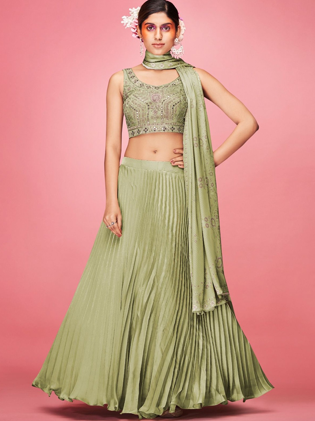 

ODETTE Embellished Mirror Work Ready to Wear Lehenga & Blouse With Dupatta, Olive