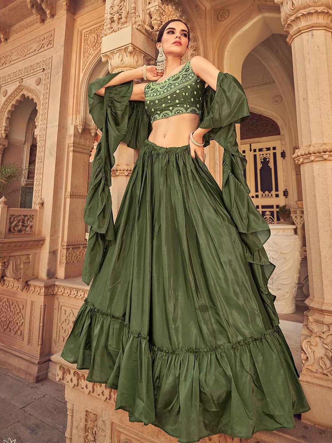 

ODETTE Embellished Mirror Work Ready to Wear Lehenga & Blouse With Dupatta, Olive