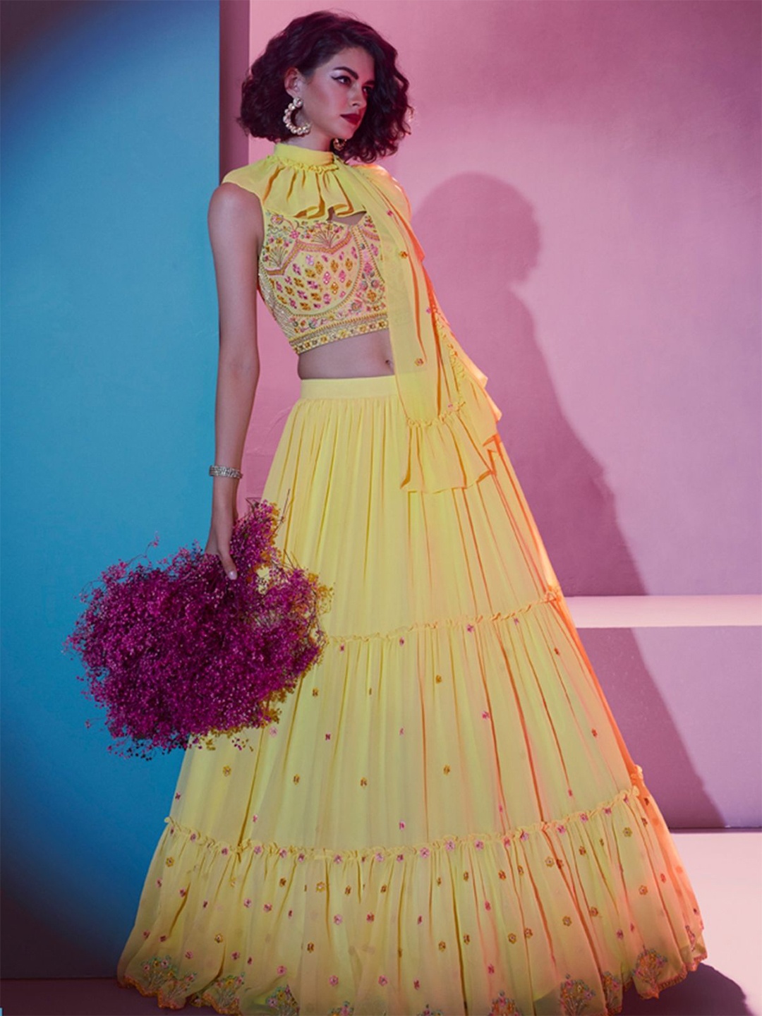 

ODETTE Embellished Thread Work Made to Measure Lehenga & Blouse With Dupatta, Yellow
