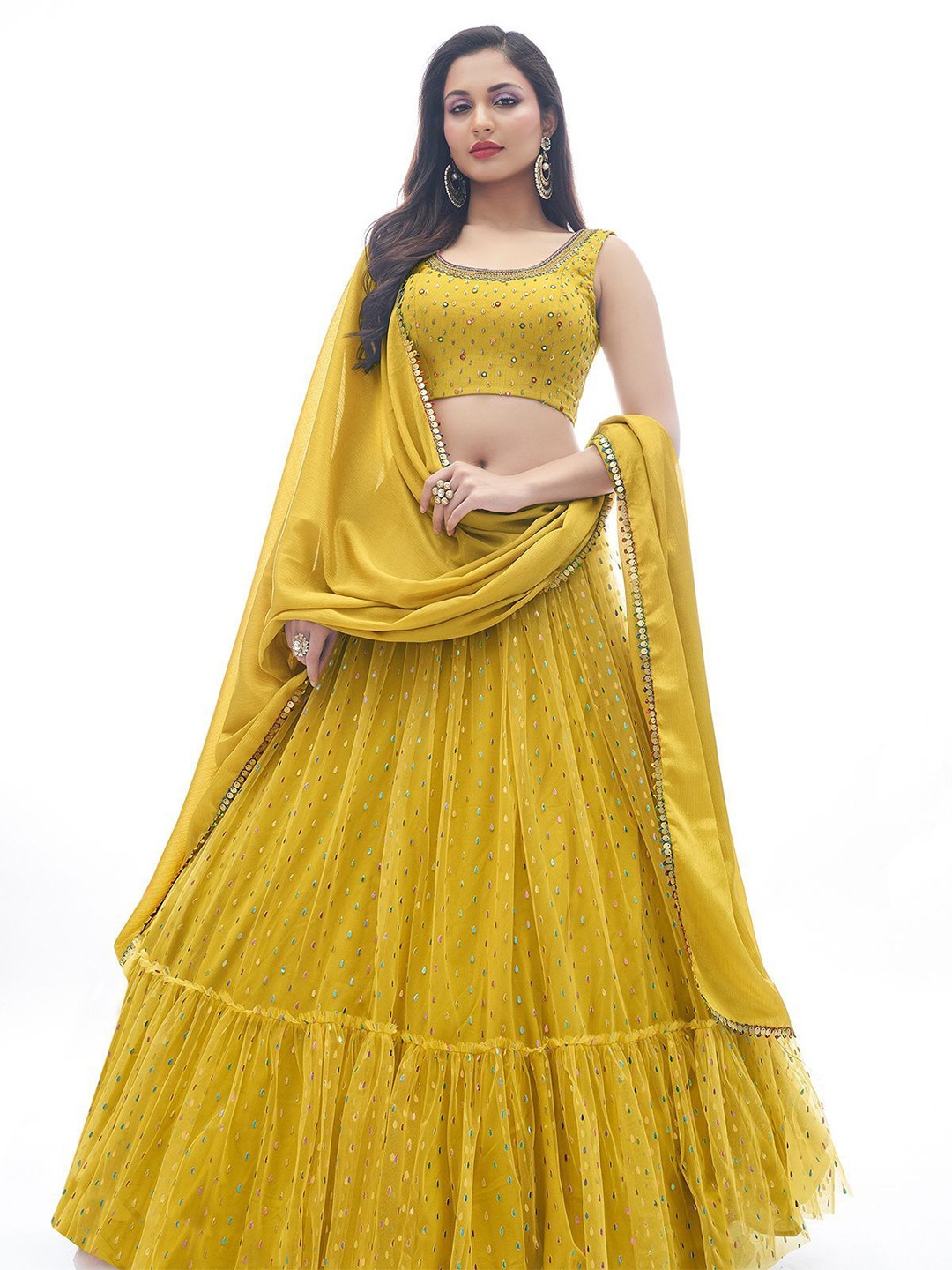 

ODETTE Embellished Sequinned Ready to Wear Lehenga & Blouse With Dupatta, Mustard