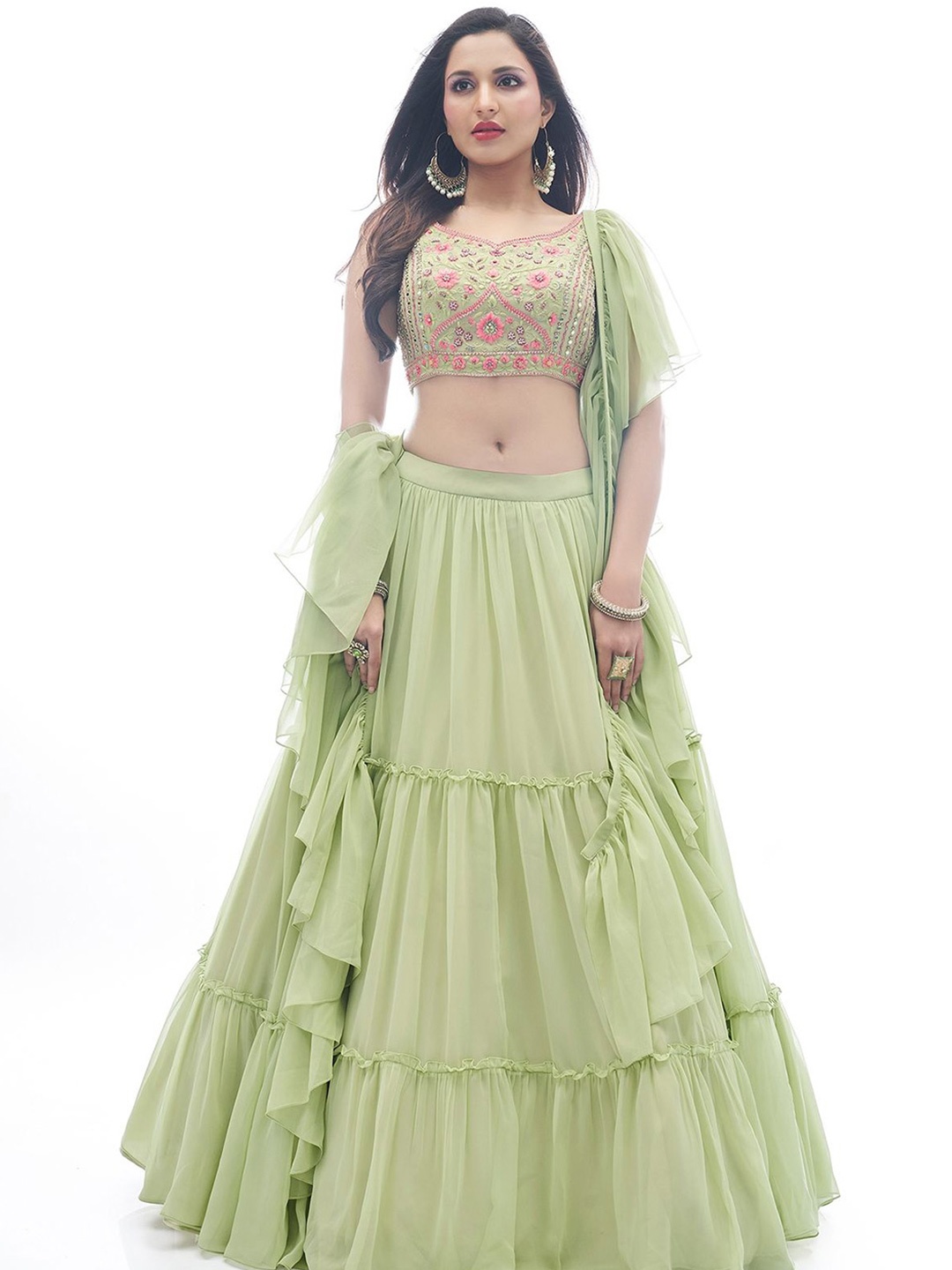 

ODETTE Embellished Mirror Work Ready to Wear Lehenga & Blouse With Dupatta, Green