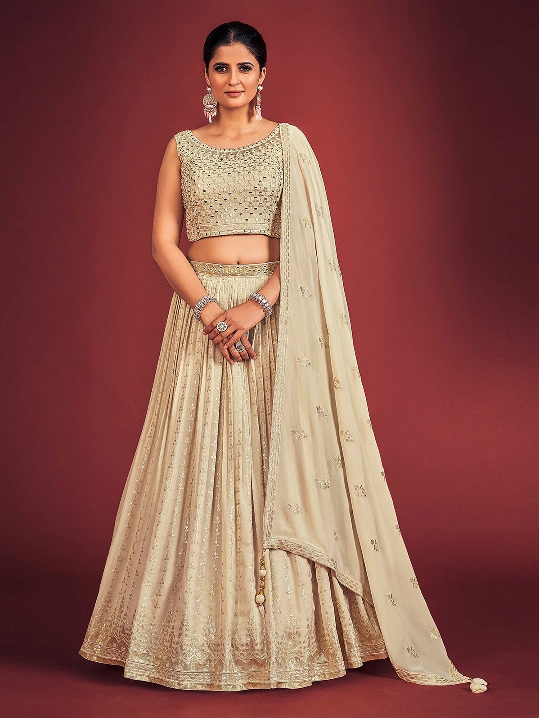 

ODETTE Embellished Mirror Work Ready to Wear Lehenga & Blouse With Dupatta, Cream