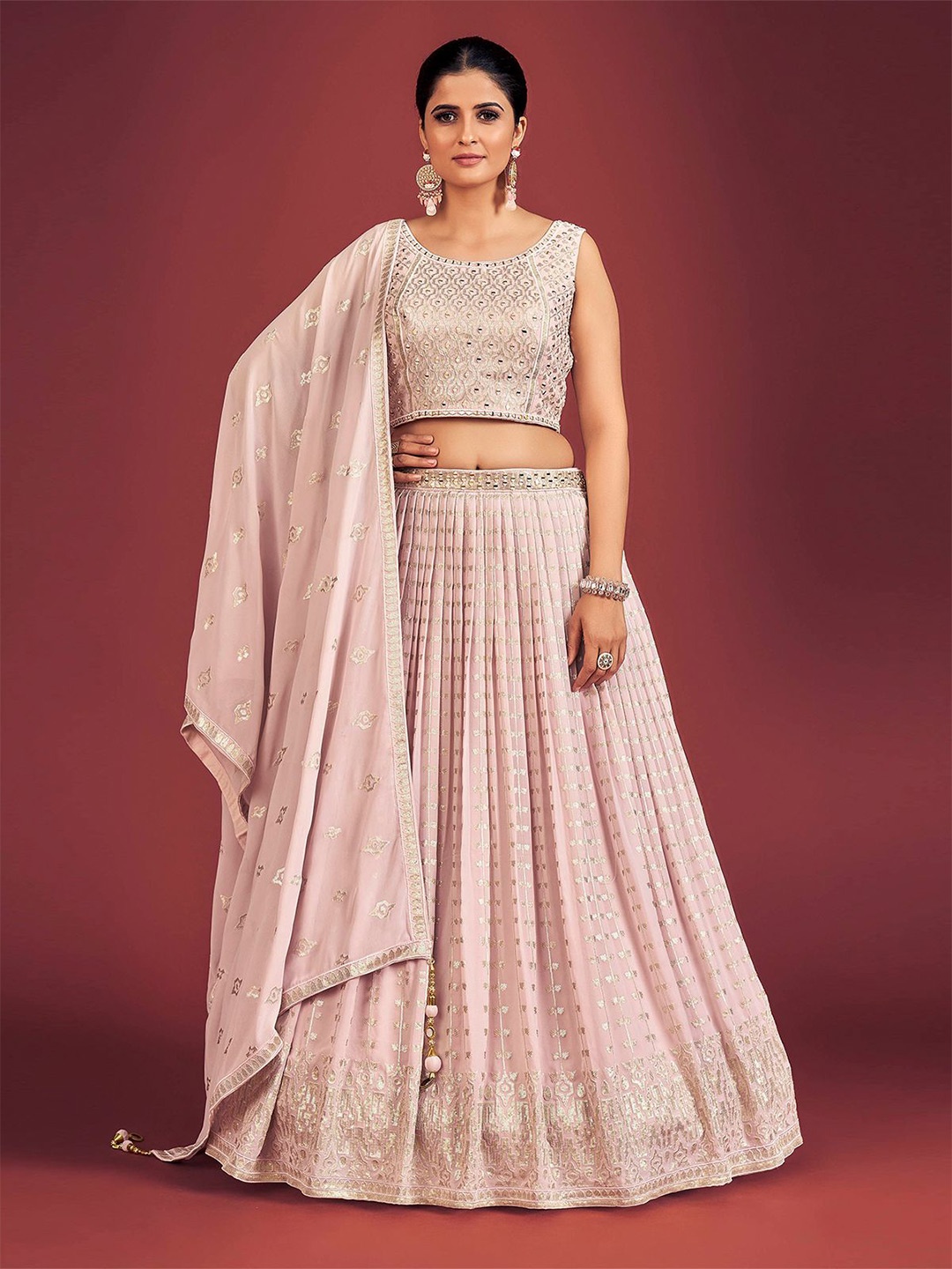 

ODETTE Embellished Mirror Work Ready to Wear Lehenga & Blouse With Dupatta, Pink