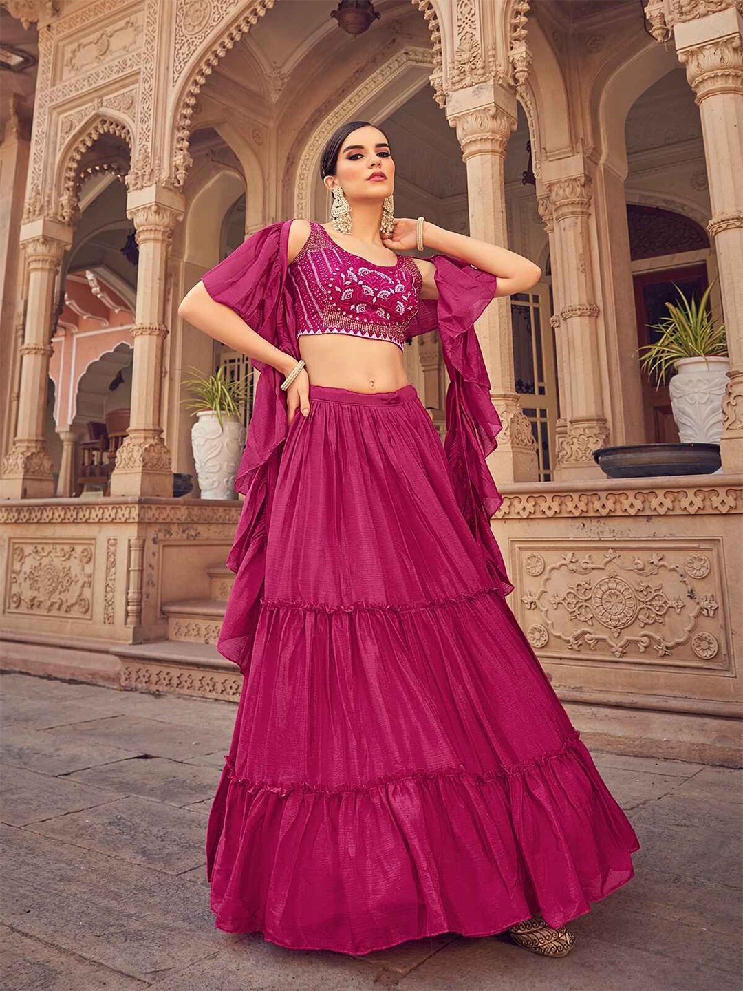 

ODETTE Embellished Semi-Stitched Lehenga & Unstitched Blouse With Dupatta, Pink