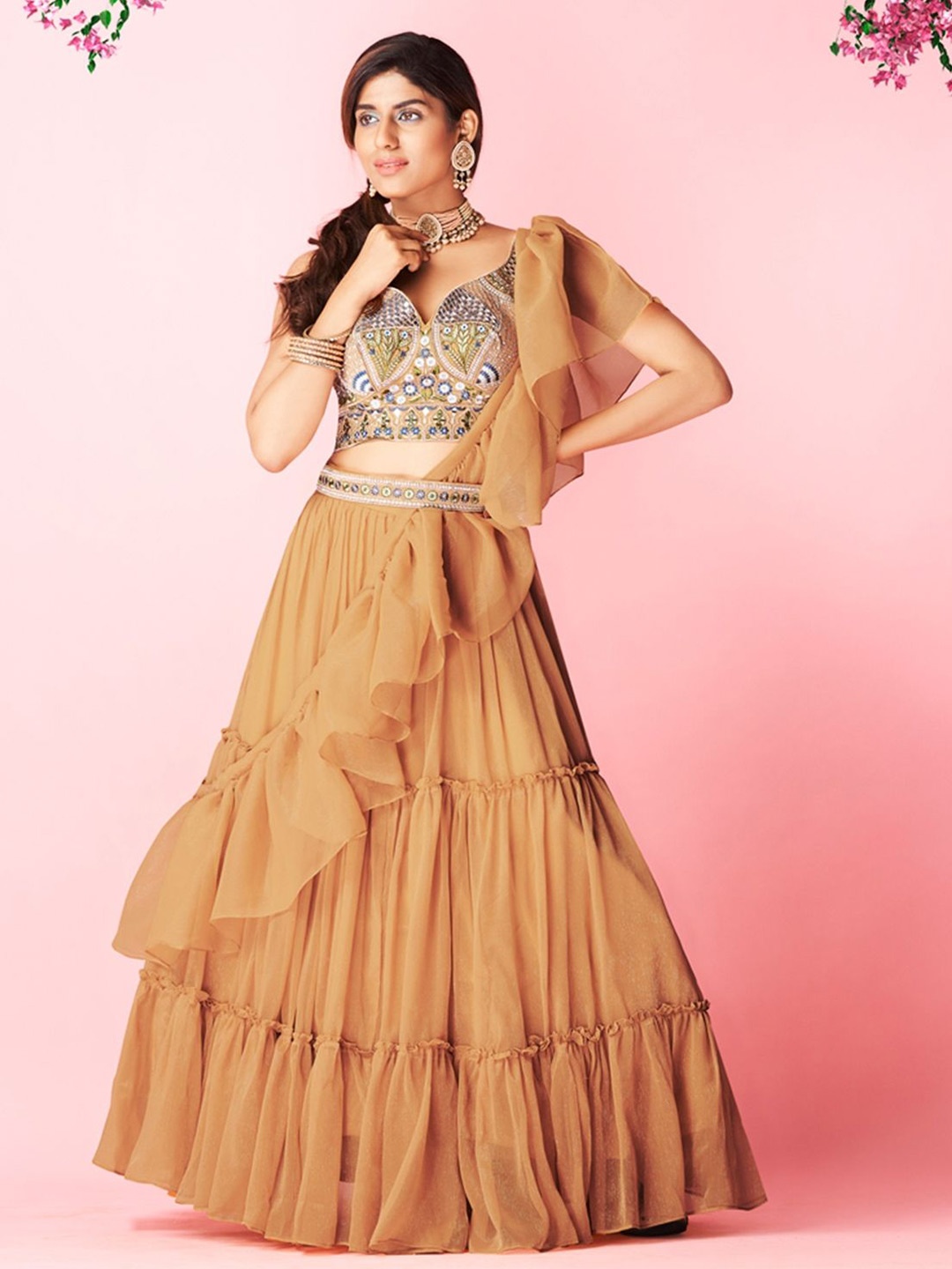 

ODETTE Embroidered Sequinned Semi-Stitched Lehenga & Unstitched Blouse With Dupatta, Orange