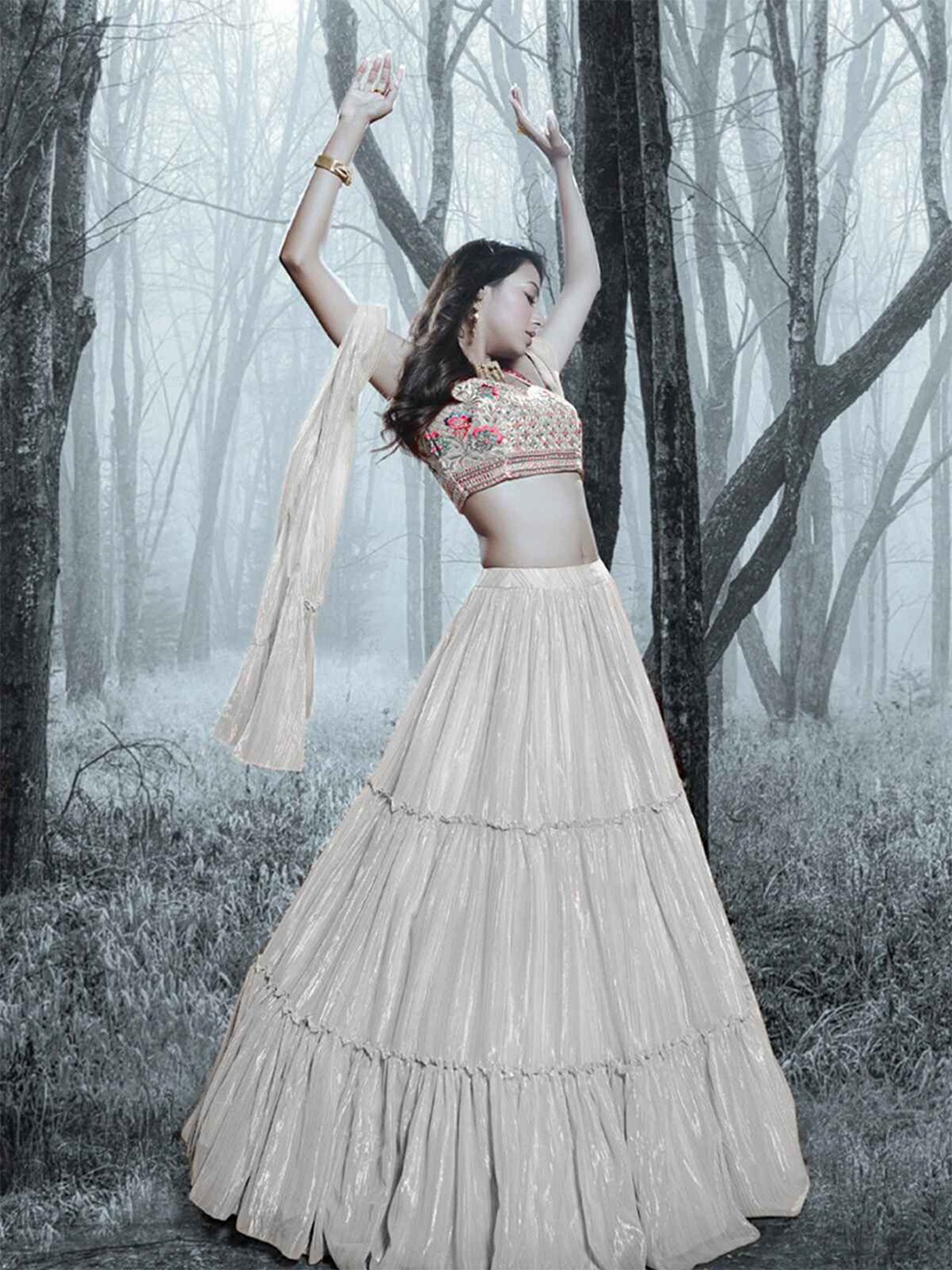 

ODETTE Embellished Mirror Work Semi Stitched Lehenga With Unstitched Blouse & Dupatta, Silver