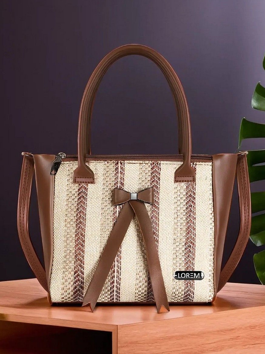 LOREM Oversized Shopper Tote Bag with Bow Detail, Brown