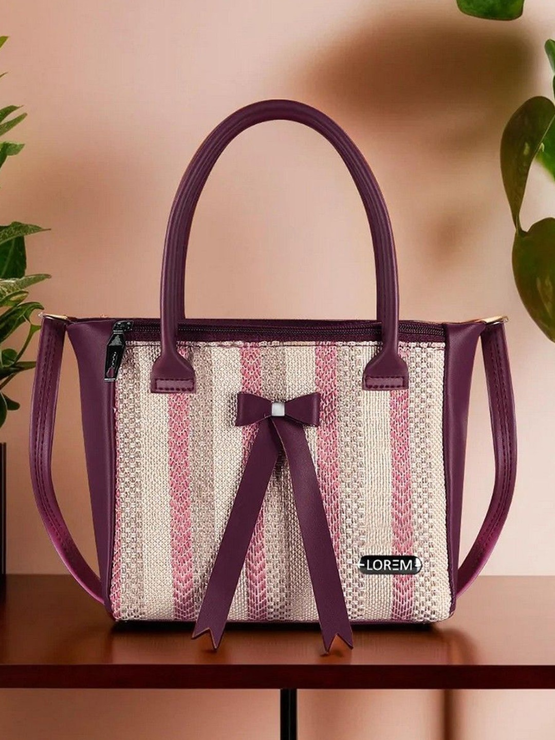 

LOREM Women Printed Oversized Bowling Satchel Handbag, Purple