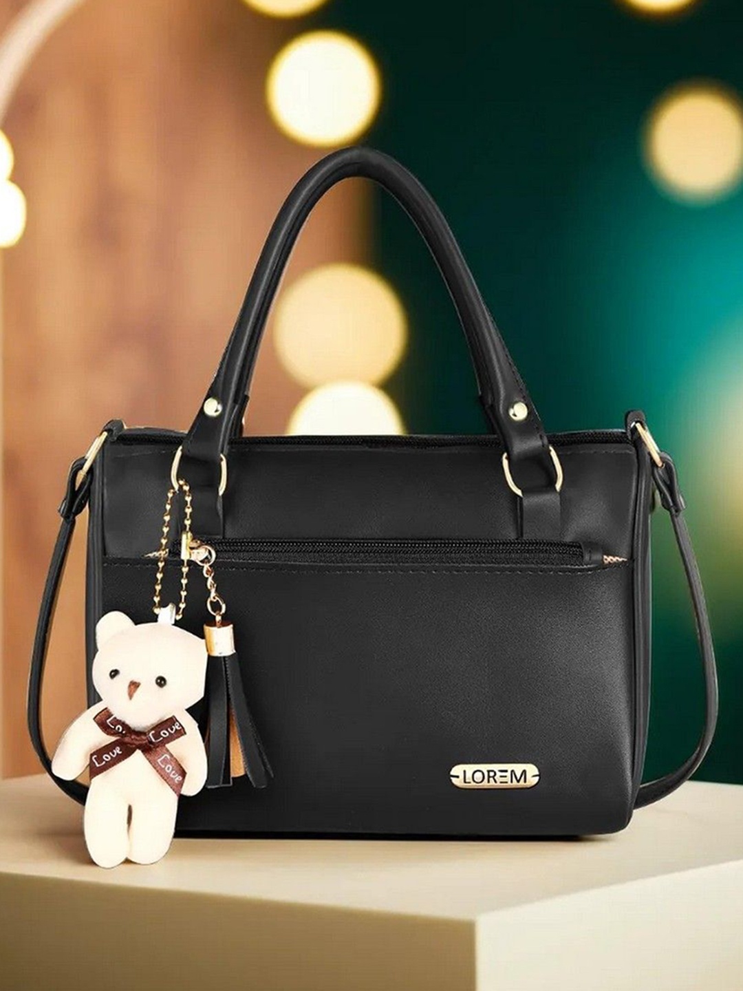 

LOREM Women Black Faux Leather Handbag With Teddy Bear