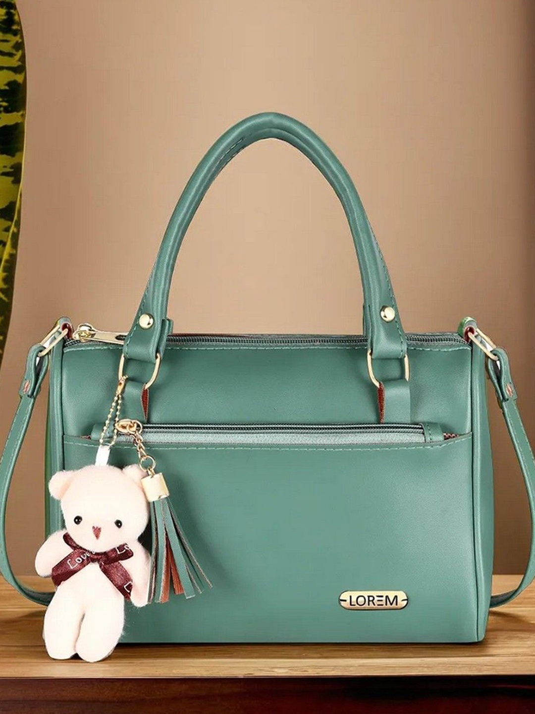 

LOREM Solid Handheld Bag With Teddy Bear, Green
