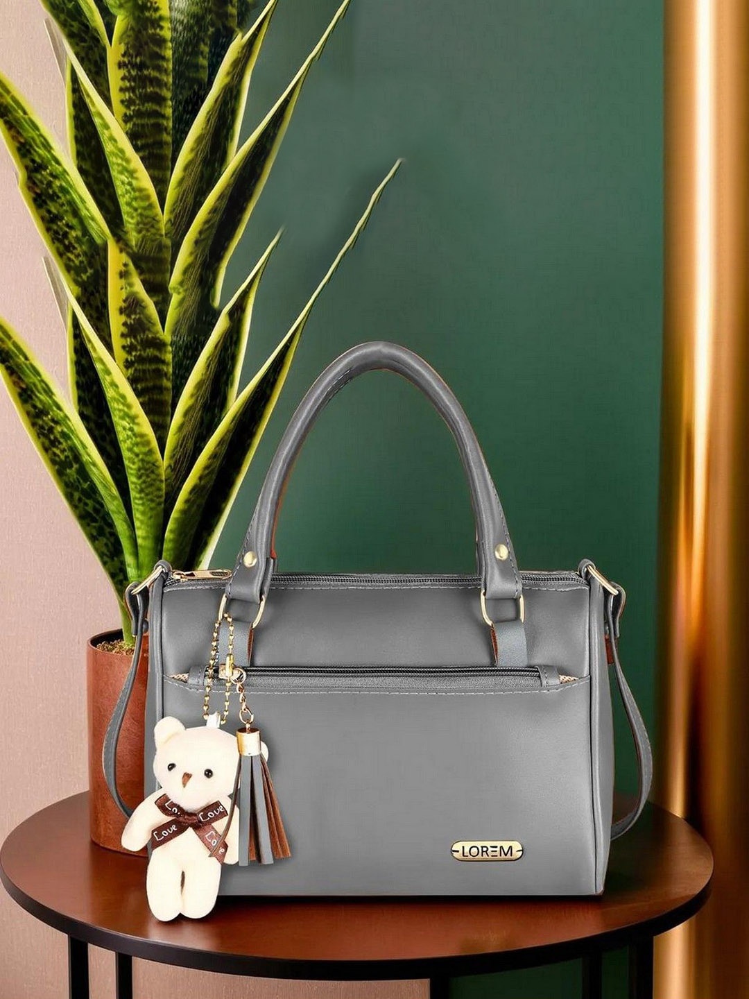 

LOREM Women Grey Luxurious Faux Leather Handbag With Teddy Bear