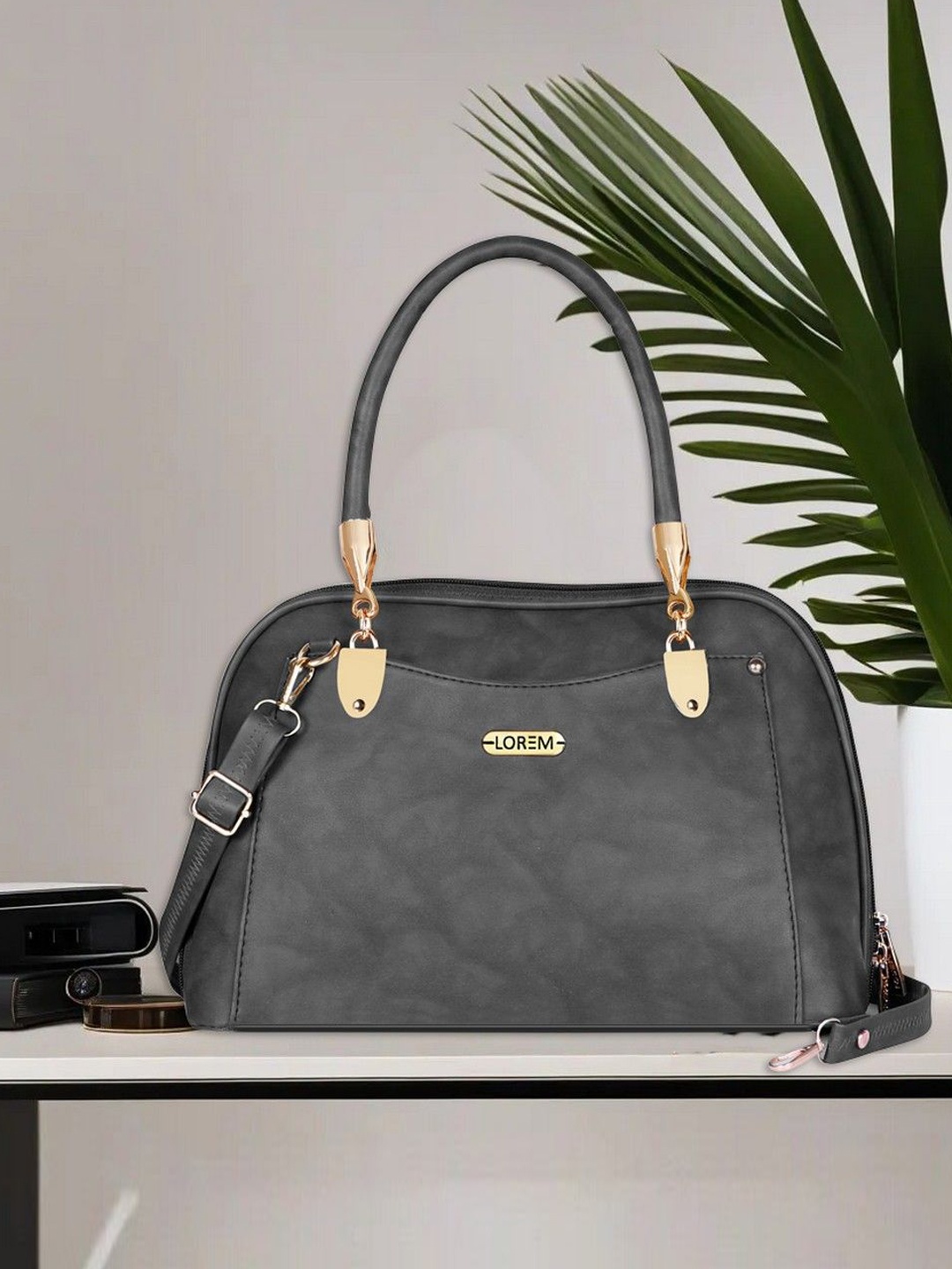 

LOREM Women Embellished Grey Faux Leather Handbag